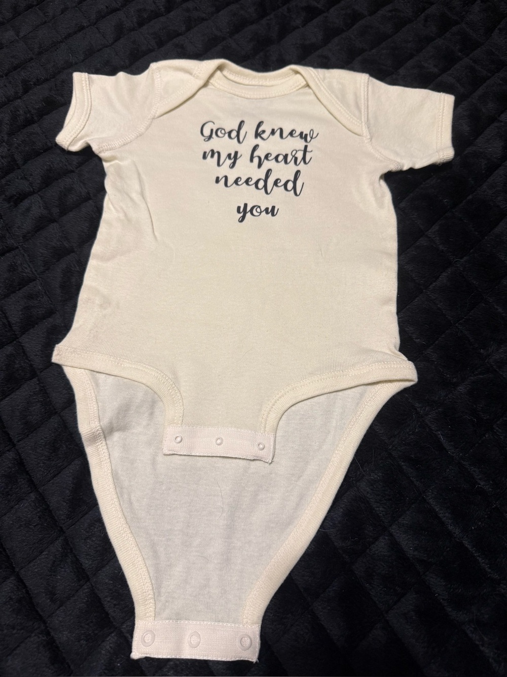 Cream Baby One-Piece Bodysuit with Script Saying "God Knew My Heart Needed You"